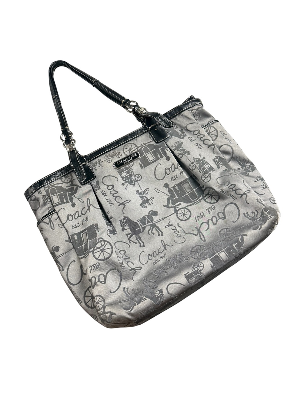 Coach Horse & Carriage Satin Jacquard Logo Tote Shoulder Bag Silver Gray Black